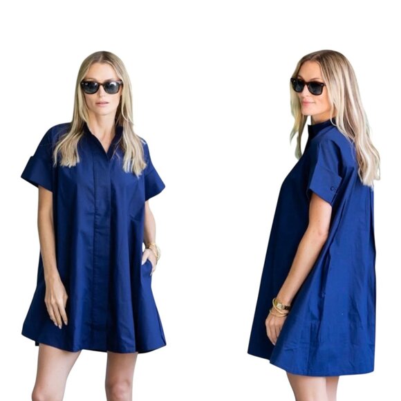 New Julia Amory Twiggy Navy Blue Twilight Mini Dress L Pockets Button Down Swing - Picture 1 of 15